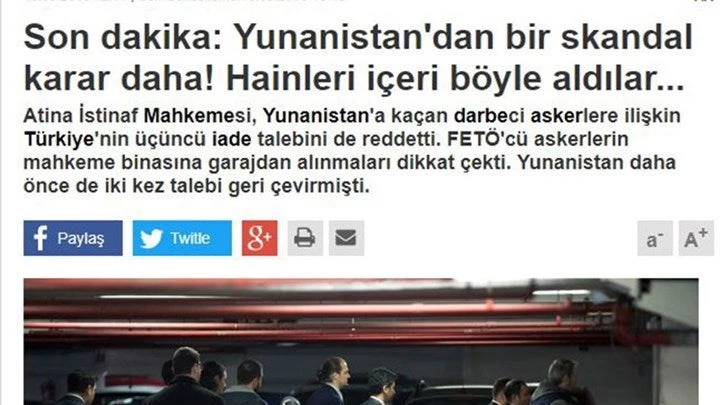 Προκαλεί ο τουρκικός Τύπος για τη μη έκδοση των 8 αξιωματικών: Η Ελλάδα δεν παραδίδει τους προδότες της FETO